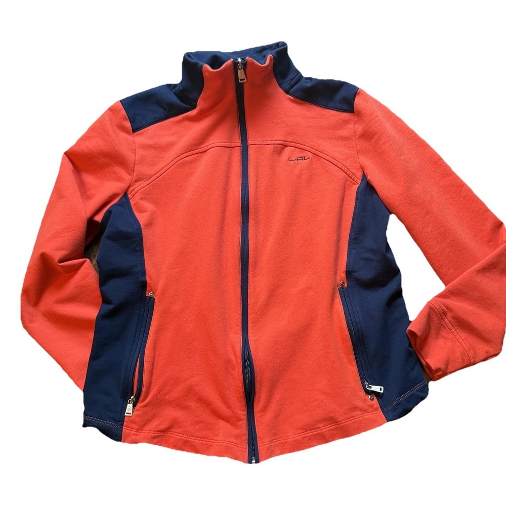 Lauren Ralph Lauren Jacket Womens Medium Orange Navy  Zip Mock Neck Colorblock